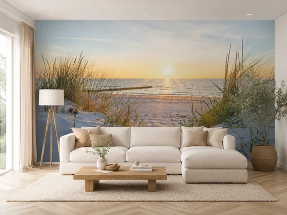 Papier peint photo plage au coucher de soleil sur mesure dans un salon
