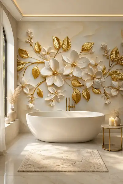 Papier peint photo avec fleurs blanches en relief et feuillage doré dans une salle de bains avec baignoire îlot