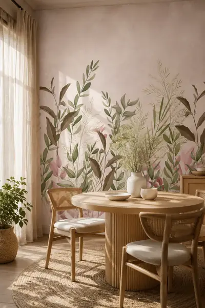 Papier peint photo avec branches botaniques sur fond rose dans une salle à manger avec table ronde en bois