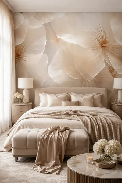 Papier peint photo avec pétales translucides en beige et champagne dans une chambre avec chevets en marbre