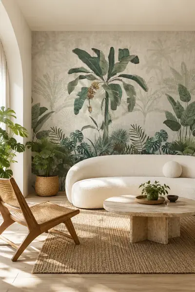 Papier peint photo avec jungle vintage et bananier dans un salon avec canapé rond en bouclé