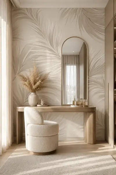 Papier peint photo avec palmes fines en blanc cassé dans un dressing avec console et miroir arqué
