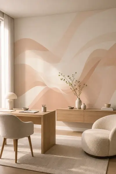 Papier peint photo avec vagues abstraites douces en beige et blush dans un bureau à domicile avec plan de travail en chêne