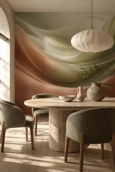 Papier peint photo avec vagues de soie vert sauge et terracotta dans une salle à manger avec table en travertin