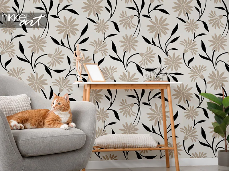 Papier peint motif sans couture fleurs beiges et feuilles noires