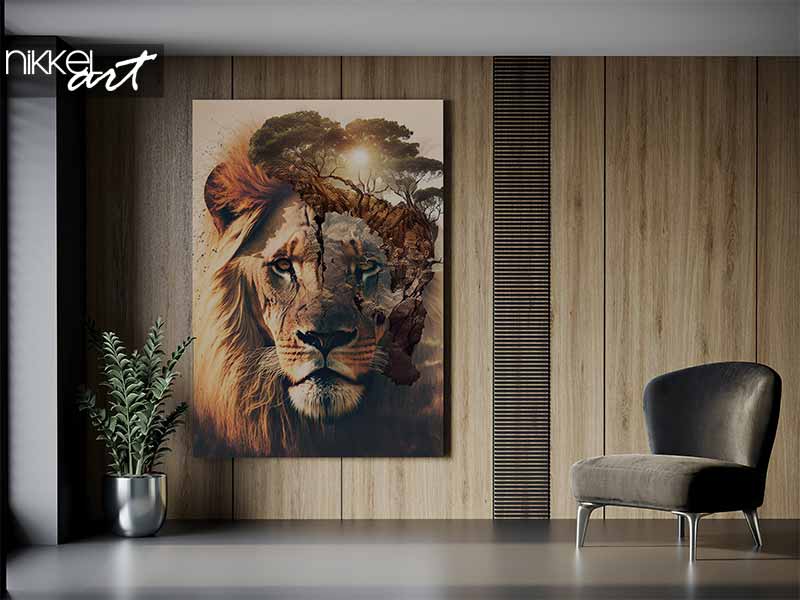 Photo sur Plexiglas Modern design male lion with double exposure background of african jungle and savanna landscape