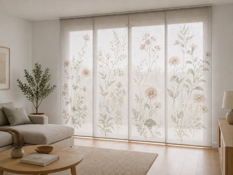 Quatre panneaux japonais plats à motif floral devant une large fenêtre, suspendus à un rail de plafond