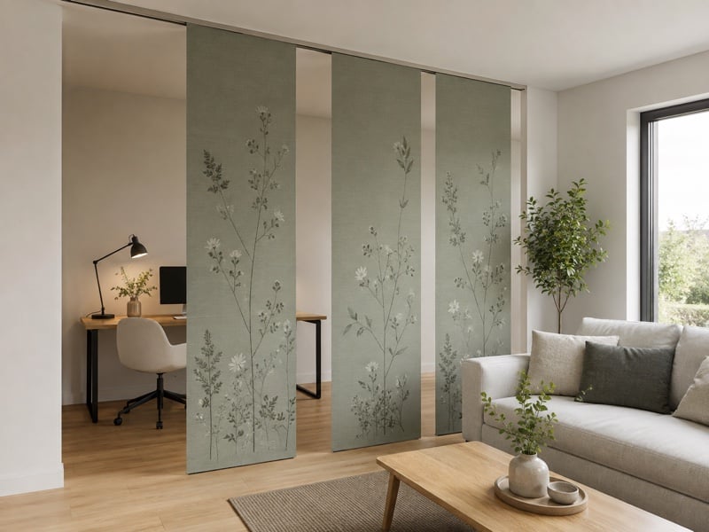 Panneaux japonais vert sauge servant de cloison entre le salon et un coin bureau