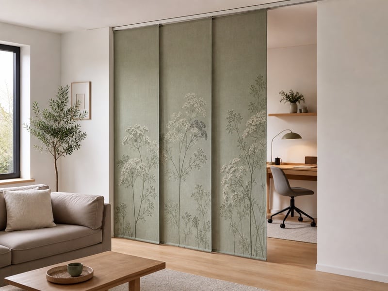 Trois panneaux japonais à motif floral séparant un coin bureau du salon