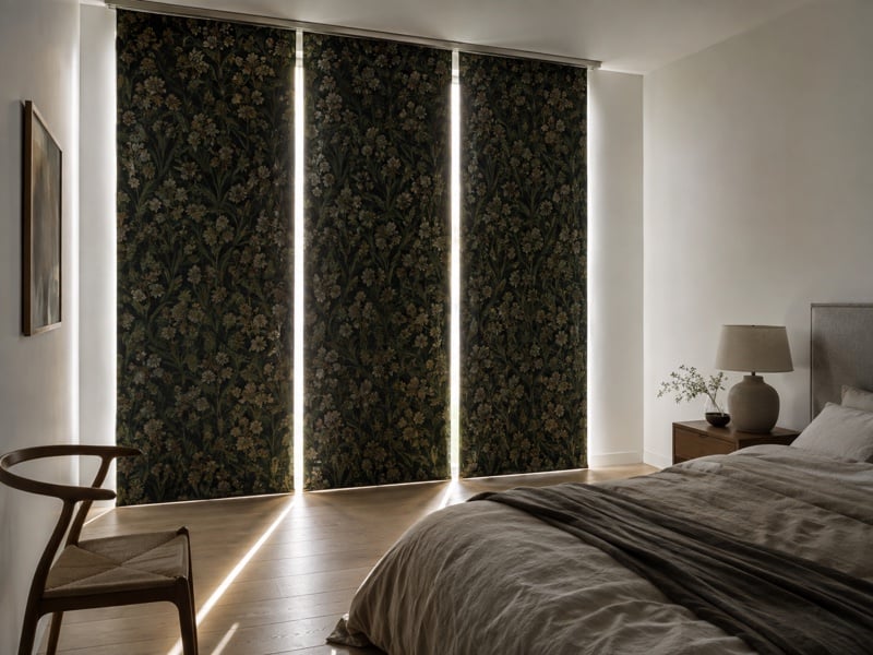 Panneaux japonais foncés à motif floral dans une chambre, avec des jours de lumière visibles entre les panneaux