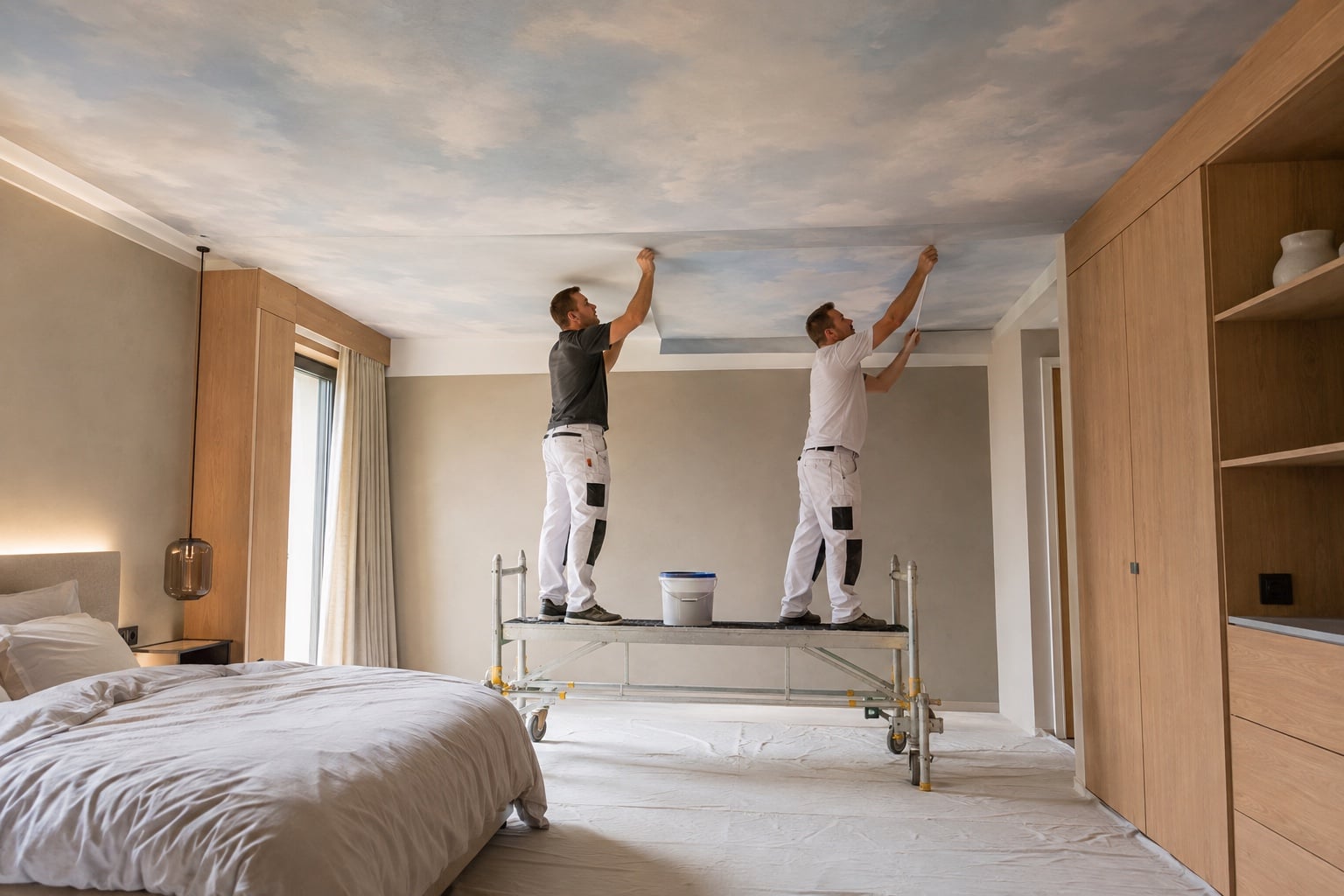 Papier peint photo au plafond : matériau, mesure et pose sûre