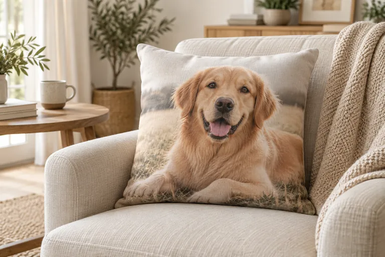Visualisation d’un coussin personnalisé avec la photo d’un chien