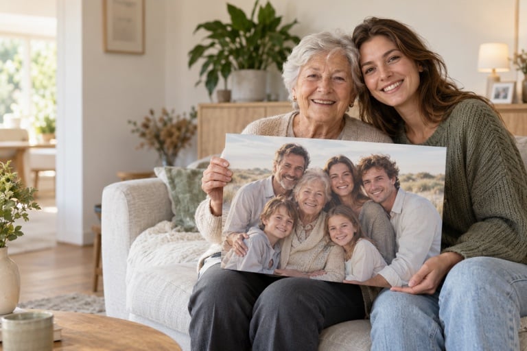 Grand-mère et petite-fille adulte montrent une photo de famille personnalisée