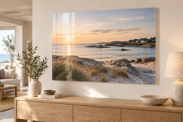 Visualisation d’une photo de paysage côtier sur plexiglas