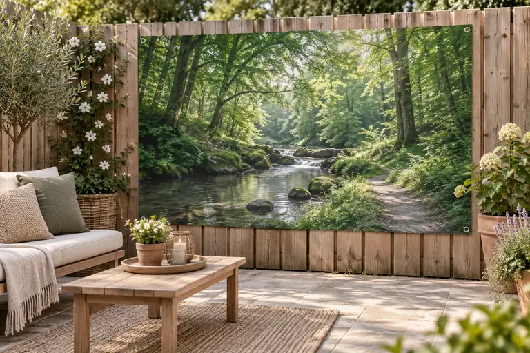 Visualisation d’un poster de jardin avec un paysage de forêt sur une clôture
