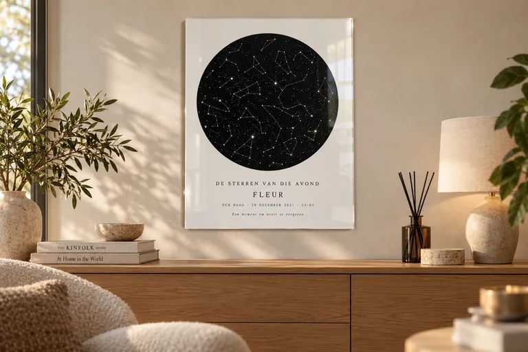Affiche personnalisée du ciel étoilé sur plexiglas avec nom, lieu et date dans un intérieur chaleureux