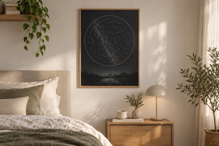 Affiche personnalisée du ciel étoilé au-dessus d’un lit