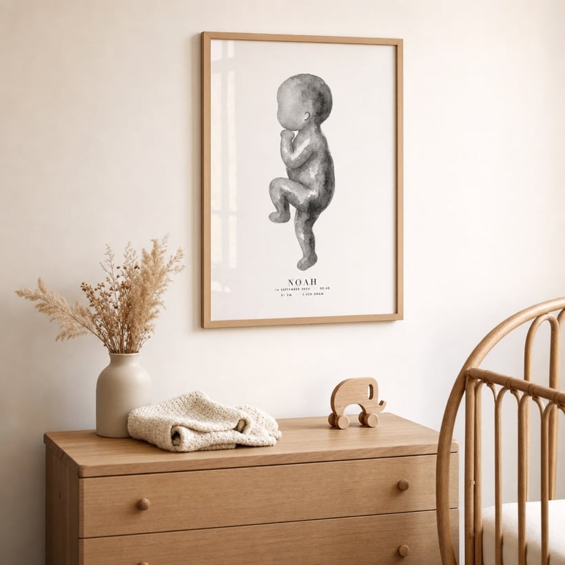 Affiche de naissance aquarelle dans un cadre en chêne au-dessus de la commode