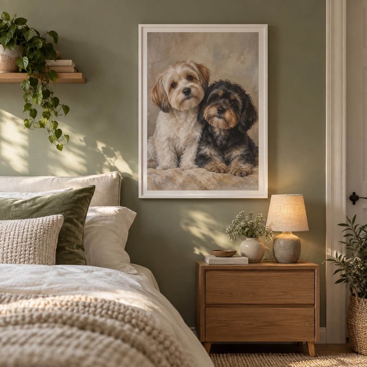 Double portrait animalier dans une chambre vert sauge apaisante