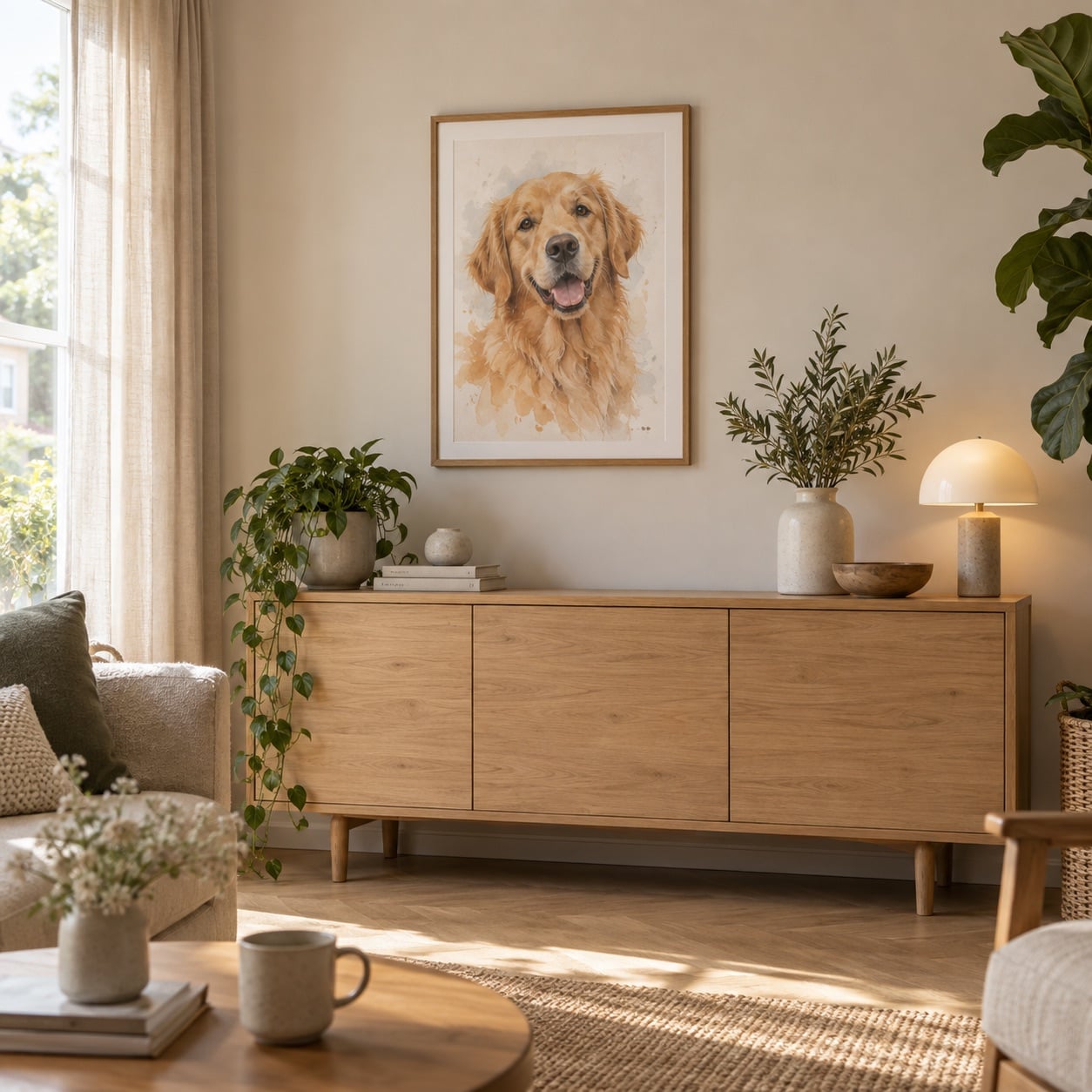 Portrait de chien personnalisé dans un salon chaleureux