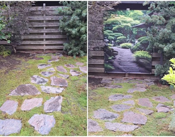 Poster de jardin Poster de jardin Sentier en bois dans jardin japonais — inspiration de clients