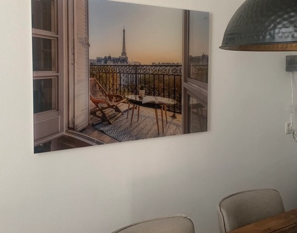Tableau sur verre Tableau sur verre Balcon parisien vue Tour Eiffel — inspiration de clients