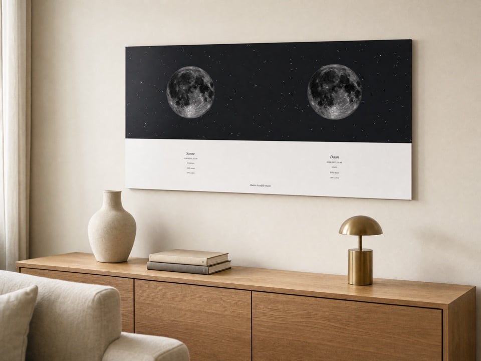 Affiche lunaire personnalisée avec deux lunes bien visibles dans un salon lumineux