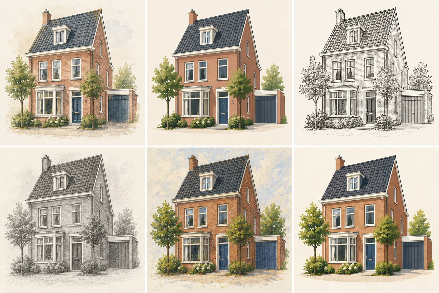 Voorbeeld van een herkenbaar huisportret in aquarel